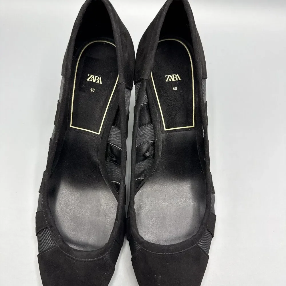 Zara Black Kitten Heels Pointed Toe Mesh Stripe Detailing Size EU 40 US 9